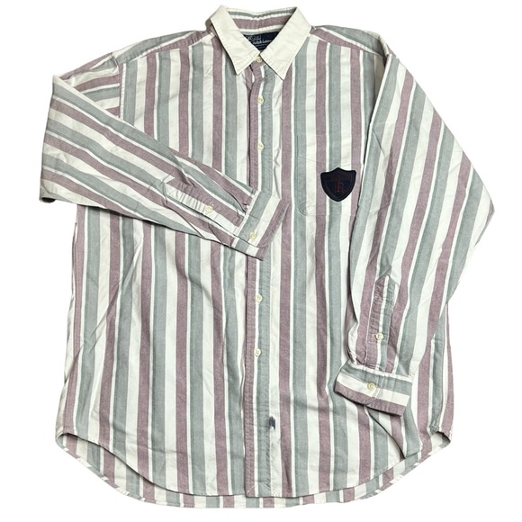Polo Ralph Lauren Vintage 90’s Striped Oxford Button down with Patch Mens Medium - Picture 2 of 8